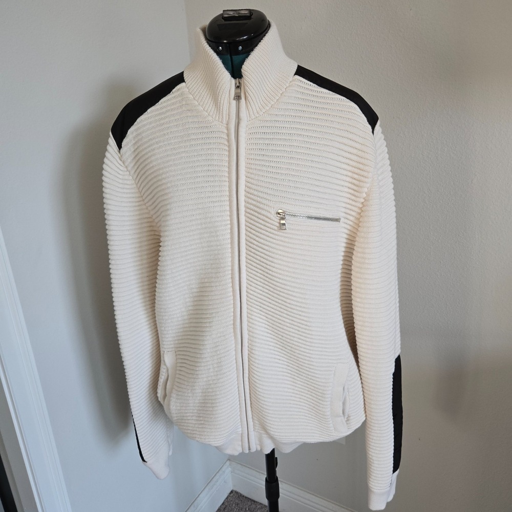 INC Zip Up Cardigan Ribbed Size XL Cream Lined Stand Collar Black Accents